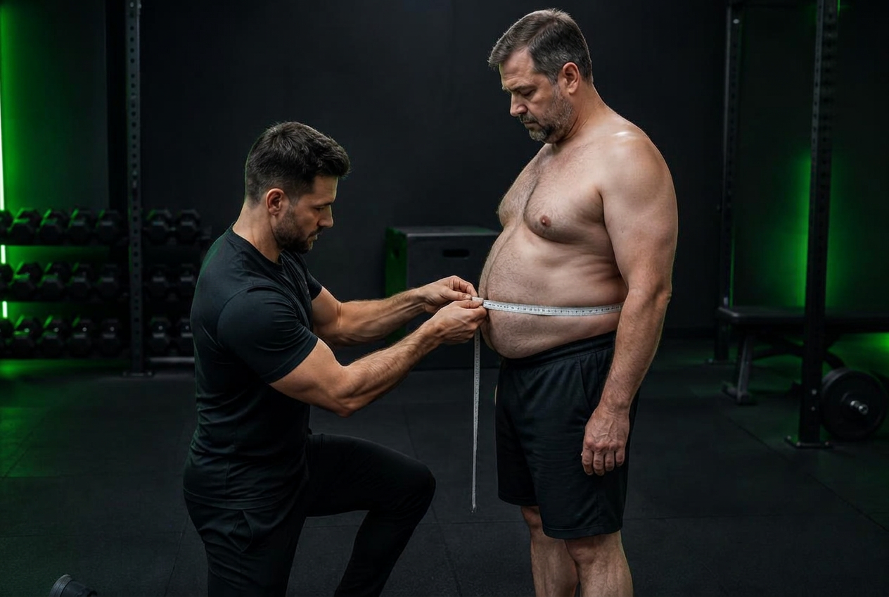 Personal trainer medindo a cintura de aluno adulto