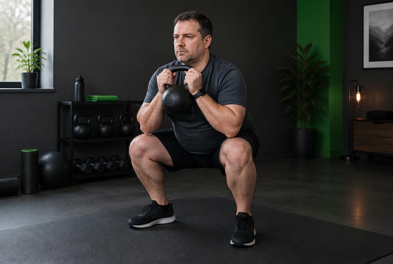 Homem adulto treinando com kettlebell em casa
